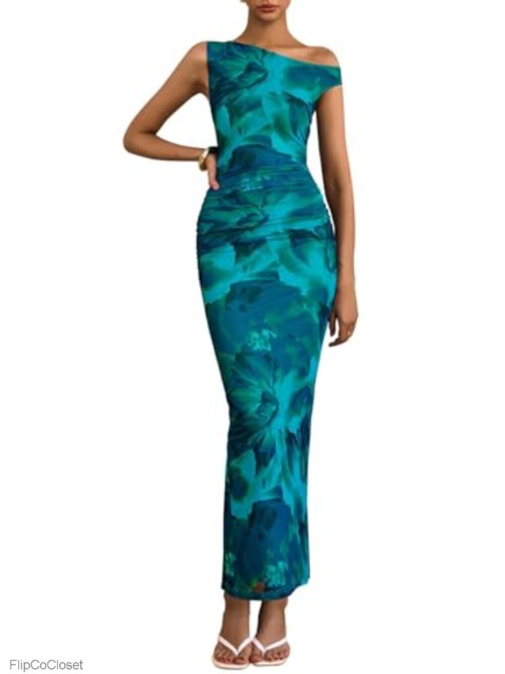 One Shoulder Floral Maxi Dress Ruched Bodycon Sleeveless Wedding Guest